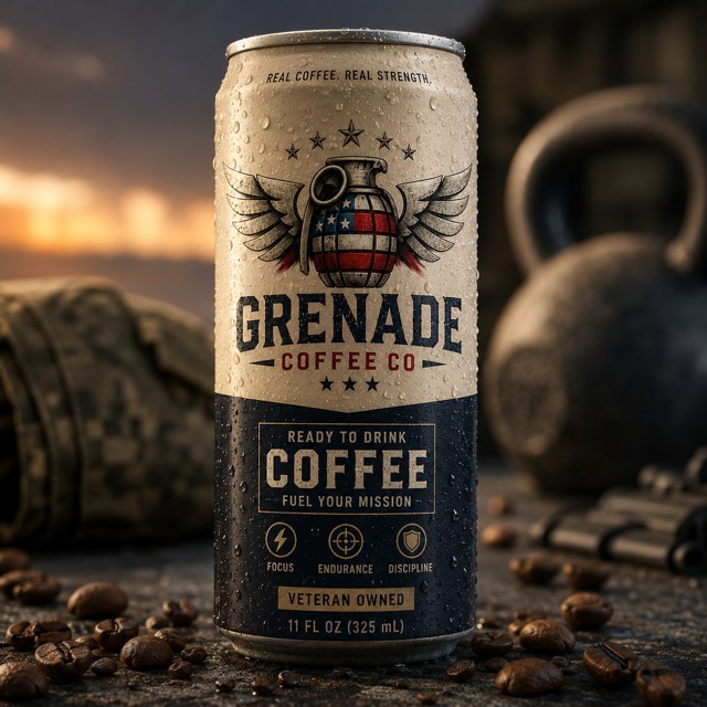 Grenade Coffee ready-to-drink coffee can featuring the winged American flag grenade logo